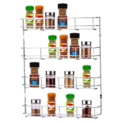 Image of Buckingham 4 Tier Back of Cupboard Door Spice Jar and Packet Rack Wall Mounted Shelf Organiser, Metal, Chrome, Premium Quality