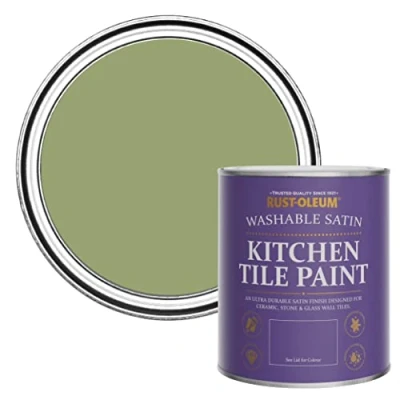 Image of Rust Oleum Green water resistant Kitchen Tile Paint in Satin Finish Familiar Ground 750ml
