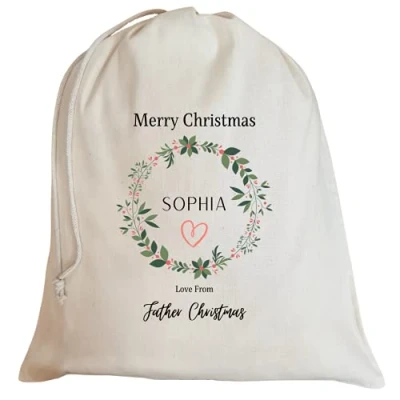 Image of Second Ave Cute Personalised Merry Christmas Wreath Xmas Santa Sack Bag Gift