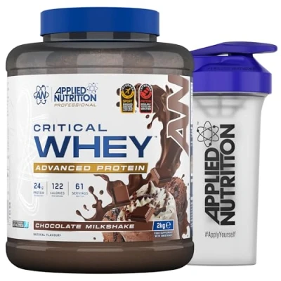 Image of Applied Nutrition Critical Whey Protein Powder 2kg + Plastic Shaker High Powder, Muscle Building Supplement with BCAAs &amp; Glutamine (2kg 67 Servings) (Chocolate Milkshake)