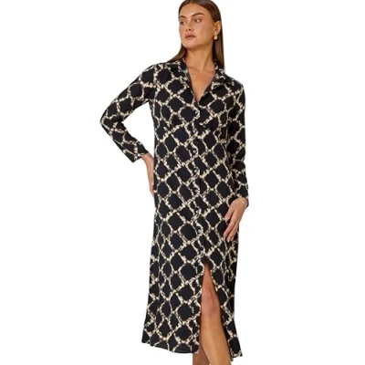 Image of Roman Originals Shirt Dress for Women UK Ladies Belted Collared Midi Maxi Summer Smart Casual Button Through Evening Office A Line Swing Skater Spring Holiday Vacation Black &amp; Natural Size 10