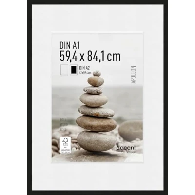 Image of accent by nielsen Apollon Photo Frame Black A1 Wooden 59.4x84.1cm Picture with White Mount to fit A2, Protective Float Glass and Push Turn Clips