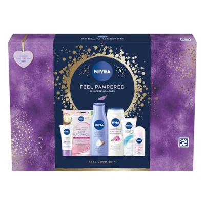 Image of NIVEA Feel Pampered Skincare Gift Set (6 Products), Women&#039;s Includes Shower Cream, Anti Perspirant, Body Lotion, Soothing Day Cream SPF15, Soft Moisturising and Face Sheet Mask