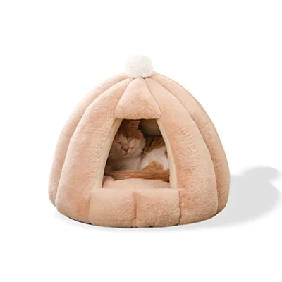 Image of Galatée Cat Cave Bed, Washable Cushion Bed With Nonskid Bottom, Pet Removable Inner Cushion, Soft And Cosy Plush Igloo(M, Khaki)