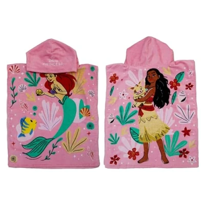 Image of Official Disney Princess Hooded Towel Poncho, Super Soft Feel, Ariel and Moana Duo Girls Design Kids Swimming Changing Robe Perfect The Home, Bath &amp; Beach, Pink, 100% Cotton