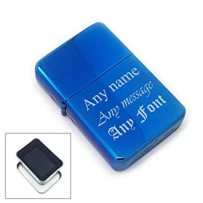 Image of Personalised Engraved Blue Metallic Lighter, Metal Tin Gift Box, Personalise with Any Message