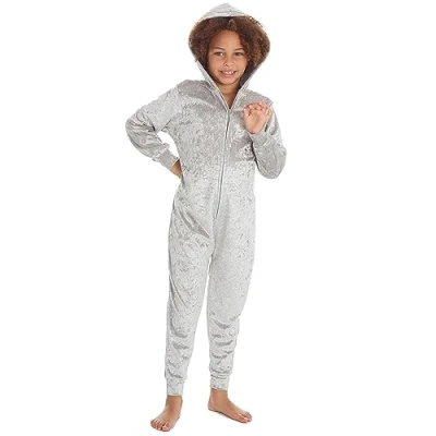 Image of Metzuyan Kids Girls Crushed Velvet Onesie All in One Piece Pyjama Velour PJs Silver 9 10 Years