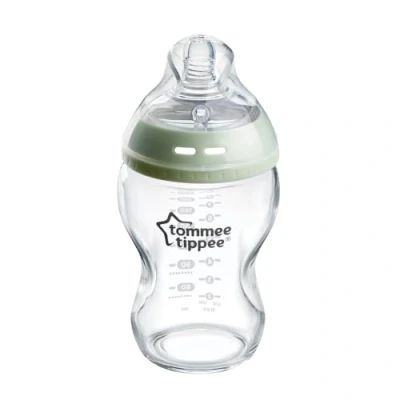 Image of Tommee Tippee Natural Start Anti Colic Glass Baby Bottle, 250ml, 0+ months, Slow Flow Breast Like Teat for a Latch, Valve, Self Sterilising, Pack of 1