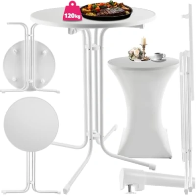 Image of TecTake® Folding Bar Table with a Sturdy Steel Frame, Removable MDF Top, Washable Cover, Non Slip Foot Caps &amp; Adjustable Screw, Easy Setup Foldable for Garden, Party Wedding White