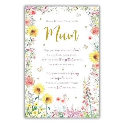 Image of Paper Rose Lovely Mum Birthday Card Sentiment Verse and Wildflower Border with Butterflies a Foil Finish Eco Friendly Recyclable