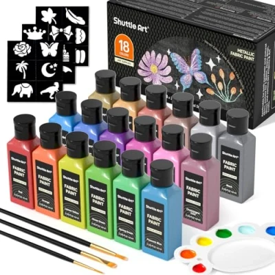 Image of Shuttle Art Metallic Fabric Paint Permanent for Clothes, 18 Colours Paints (60ml) with Brushes, Palette, Stencils, Non Toxic Textile T Shirt, Shoes, Bag, Jeans, No Heating Need