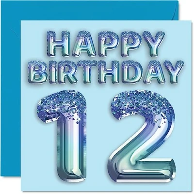 Image of 12th Birthday Card for Boys Blue Glitter Party Balloon Happy Cards 12 Year Old Boy Grandson Son Brother Nephew, 145mm x Twelve Twelfth Bday Greeting Gift