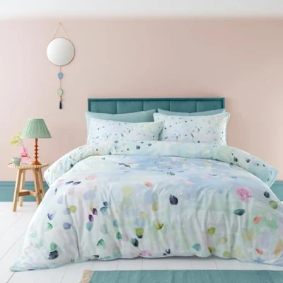 Image of Appletree Duck Egg Blue Duvet Cover Single Bedding Size (140 x 200cm) Watercolour Painting Art Sets Flower Petals Inspired Light Alfresco Collection