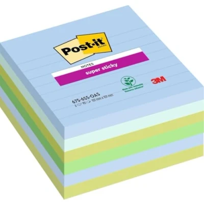 Image of Post it Super Sticky Large Notes, Lined, Pack of 6 Pads, 90 Sheets per Pad, 101 mm x mm, Blue, Green Extra Notes for Walls, Monitors and Fridge