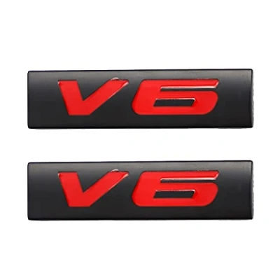 Image of V6 Emblem Sticker Sign Chrome 3D Logo Token Car Decal Tuning Metal Symbol (Black Red)