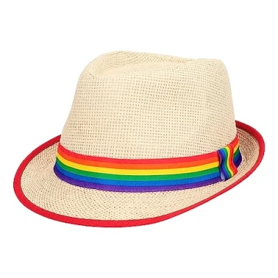 Image of Boland 44634 Rainbow Straw Hat Pride, Progress, LGBTQ Headwear, Costume Accessory for CSD, Carnival and Theme Party