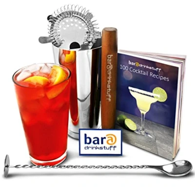 Image of Boston Cocktail Shaker Set by bar@drinkstuff Kit, Contains Professional Tin &amp; Glass, 100 Recipes book, Twisted Mixing Spoon, Muddler Hawthorne Strainer