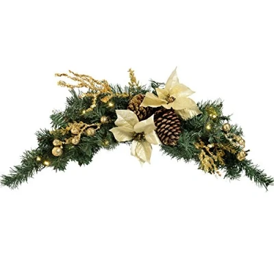 Image of WeRChristmas Pre Lit Decorated Arch Garland Christmas Decoration Illuminated with 20 Cold White LED Lights, 90 cm Gold/Cream