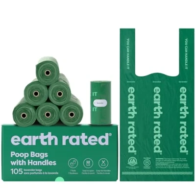 Image of Earth Rated Dog Poop Bags with Tie Handles on Refill Rolls, Extra Wide, Easy Opening, Guaranteed Leak Proof, Lavender Scented, 120 Count