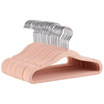 Image of Amazon Basics Kids Velvet, Non Slip Clothes Hangers for Infant and Toddler, 11.6 Inches, Pack of 50, Blush Pink/Silver