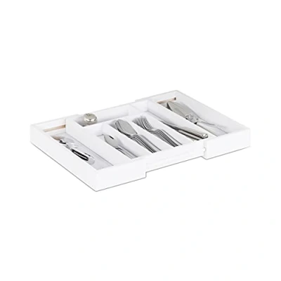 Image of Relaxdays Cutlery Drawer Tray, Extendable, Variable Width, 5 7 Compartments, Bamboo Organiser, HWD: 5x48x33.5cm, White