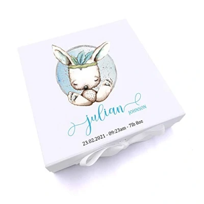 Image of ukgiftstoreonline Personalised Baby Boy Gift Keepsake Memory Box Sitting Rabbit (Medium Size)