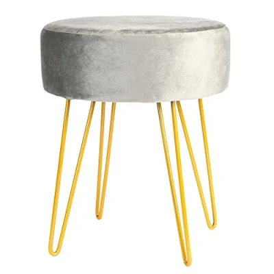 Image of Gold Legs Grey Round Velvet Footstool By Harbour Housewares