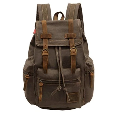 Image of Vintage Unisex Casual Leather Backpack Canvas Rucksack Bookbag Satchel Hiking Travel Outdoor Shouder Bag (Grey) 27.9 x 16 41.9 cm