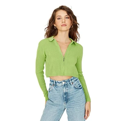 Image of Trendyol Women&#039;s Woman Design Slim Standard Polo Neck Knitwear Cardigan Sweater, Light Green, M UK