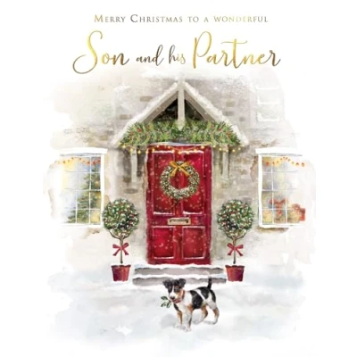 Image of Piccadilly Greetings Christmas Card To a Wonderful Son &amp; Partner Red door 8 x 6 inches