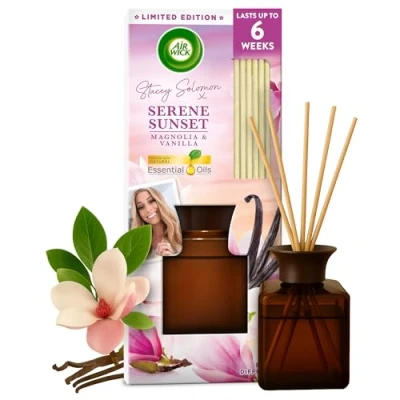 Image of Air Wick Stacey Solomon Serene Sunset Reed Diffuser 80ml, Infused with Natural Essential Oils, Long lasting Home Fragrance for up to 6 weeks, Eco friendly, Sustainable, Recyclable, Lasts Weeks.