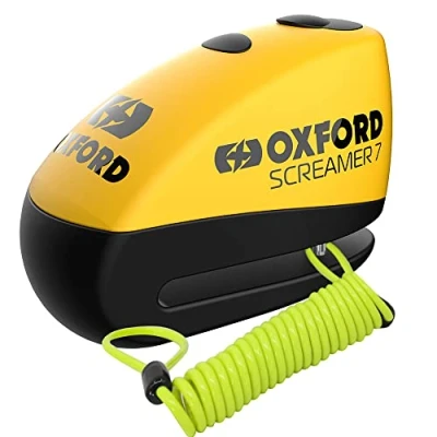Image of Oxford Security Screamer 7 Alarm Disc Lock Yellow/Black LK290 with 1.5M Reminder Cable For Motorcycle Motorbike