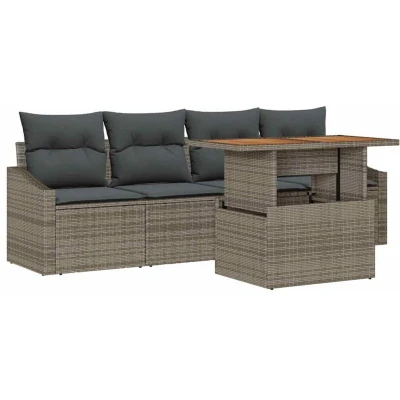 Image of vidaXL 5 Piece Garden Dining Set with Cushions Grey Poly Rattan Acacia