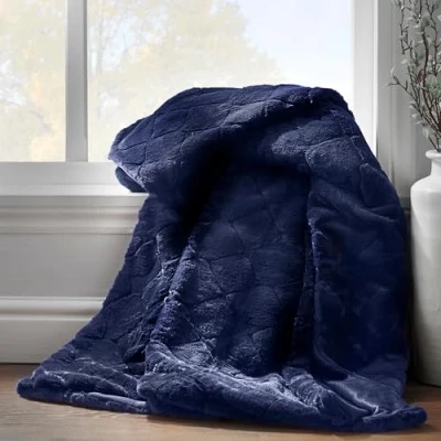 Image of Catherine Lansfield Downstairs Cosy Diamond Faux Fur Soft 130x170cm Blanket Throw Navy Blue