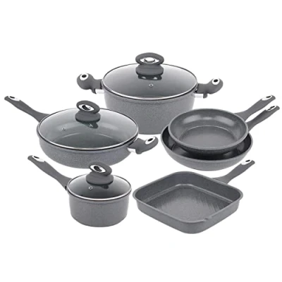 Image of Gr8 Home Forged 9 Piece Grey Marble Carbon Steel Cookware Set Non Stick Cooking Pot Frying Grill Pan Saucepan Kitchenware with Lids New Improved Quality Stock May 2024