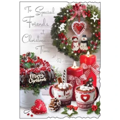 Image of Special Friends Christmas Card Winter Wreath and Hot Chocolates Artistic Festive Design Finishes Illustrated Insert Leaf Made in the UK