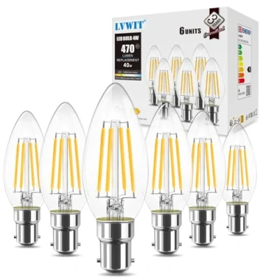 Image of LVWIT B15 LED Filament Candle Bulb,4W C35 Small Bayonet Bulb 40W Incandescent Equivalent, 470Lm, 2700K Warm White Bayonet,220 240V,Non Dimmable,(35MM*97MM/ 6 PCS)