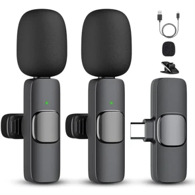 Image of 2 Pack Professional Wireless Lavalier Microphone for Android, Lapel Mics Plug Play Clip on Mic YouTube, Recording, Vlog, Facebook Live TikTok