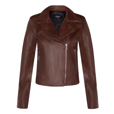 Image of Ladies Leather Jacket Classic Biker Style Brown Real Womens 2XL