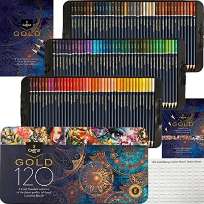 Image of Castle Art Supplies Gold Standard 120 Colouring Pencils Set Quality Oil based Coloured Cores Stay Sharper, Tougher Against Breakage For Adult Artists, Colourists In Presentation Tin Box