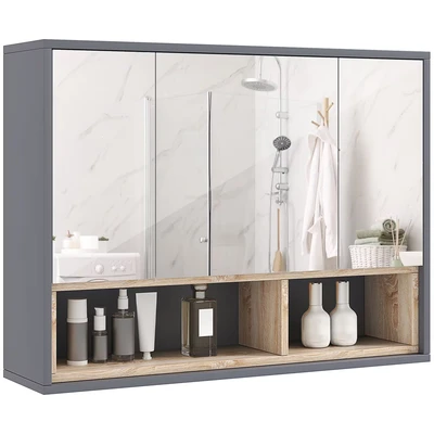 Image of HOMCOM Bathroom Mirror Cabinet, Wall Mounted Cabinet with Mirror, 3 Doors and Cupboards, Grey