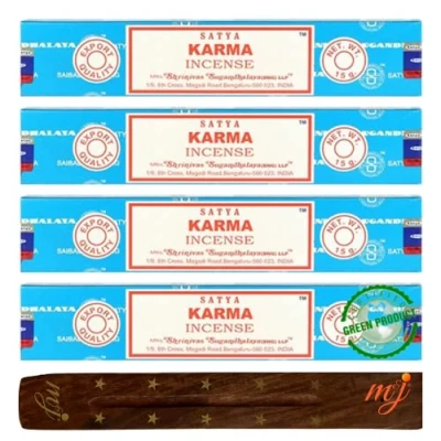 Image of Original Satya Nag Champa Karma incense sticks with M&amp;J holder x4 pack for Aromatherapy, Spa, Yoga, Weddings, Meditation, Healing, Positivity and Relaxation
