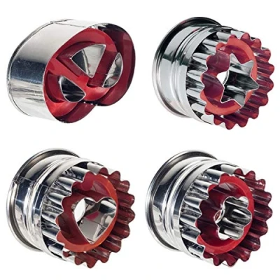 Image of Westmark Set of 4 Biscuit Cutters for Linzer Cookies, Different Designs, with Ejector, Stainless Steel/Plastic, Linzer, Silver/Red, 350022E6