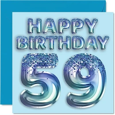 Image of 59th Birthday Card for Men Blue Glitter Party Balloon Happy Cards 59 Year Old Man Uncle Grandad Dad Grandpa Gran, 145mm x Fifty Nine Ninth Bday Greeting Gift