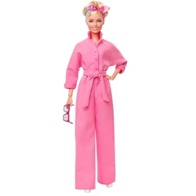 Image of Barbie the movie, Margot Robbie as Doll from wearing pink jumpsuit, sunglasses and hairscarf, HRF29