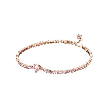 Image of Pandora Timeless Heart 14k rose gold plated tennis bracelet with orchid pink crystal, 18