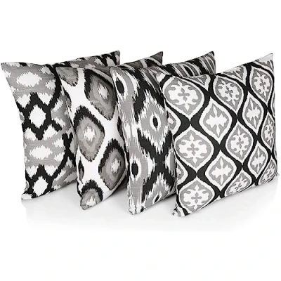 Image of Penguin Home Set of 4 100% Slub Cotton Fabric Cushion Covers 45cm x Double Sided Square Pillow with Invisible Zipper Cases for Living Room, Bedroom, Sofa (Black/White/Grey)