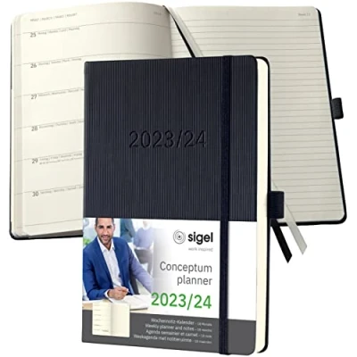 Image of SIGEL C2403 Conceptum Weekly planner and notes 2023/2024, approx. A5, Black, hardcover, 2 pages equal to week on left/notes right, 256