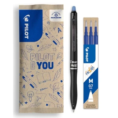 Image of PILOT Set of 1 FriXion Ball 07 Plus + 3 Refills Erasable Roller Pen Retractable and Refillable Made from Recycled Plastic Blue Medium Tip