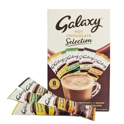 Image of Hot Chocolate Gift Set for Christmas Box of 8 Instant Sachets 4 Flavours Multipack 200g with Topline Card Gifts, Stocking Fillers